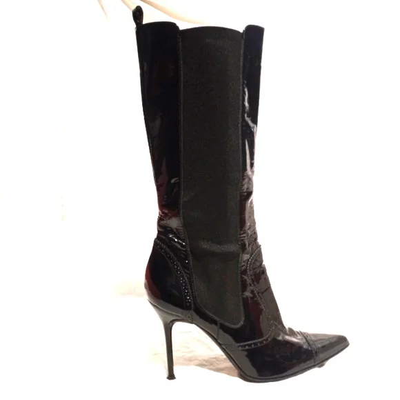 Final Sale - DOLCE & GABBANA Black Patent Pull-on Stiletto Boots, size 37½ - Picture 1 of 9